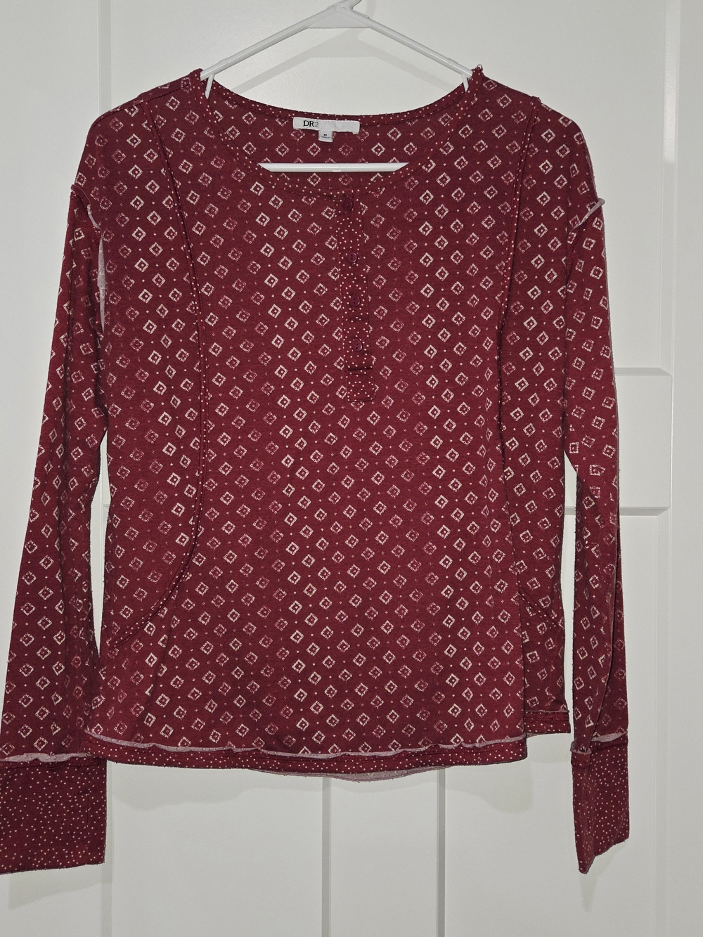 DR2 Crimson - Wine Red Geometric Print Long Sleeve Henley